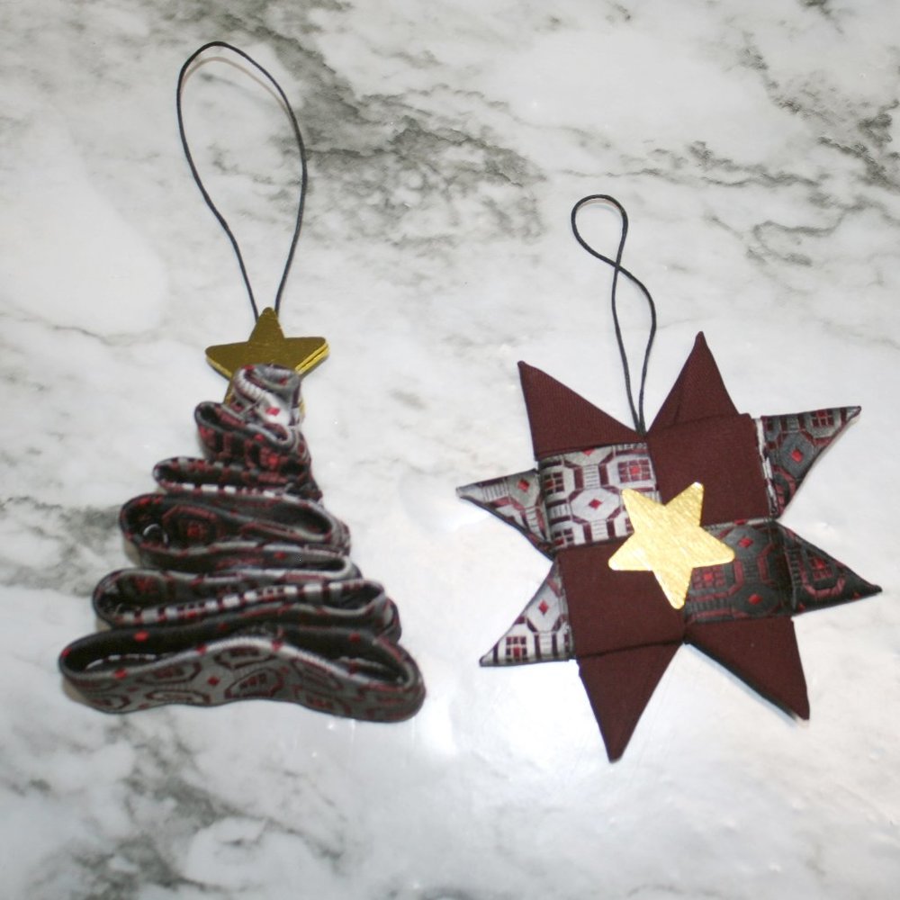 UPCYCLED Necktie Ornament Christmas Tree Star Handmade Red Silver Neck Tie Set